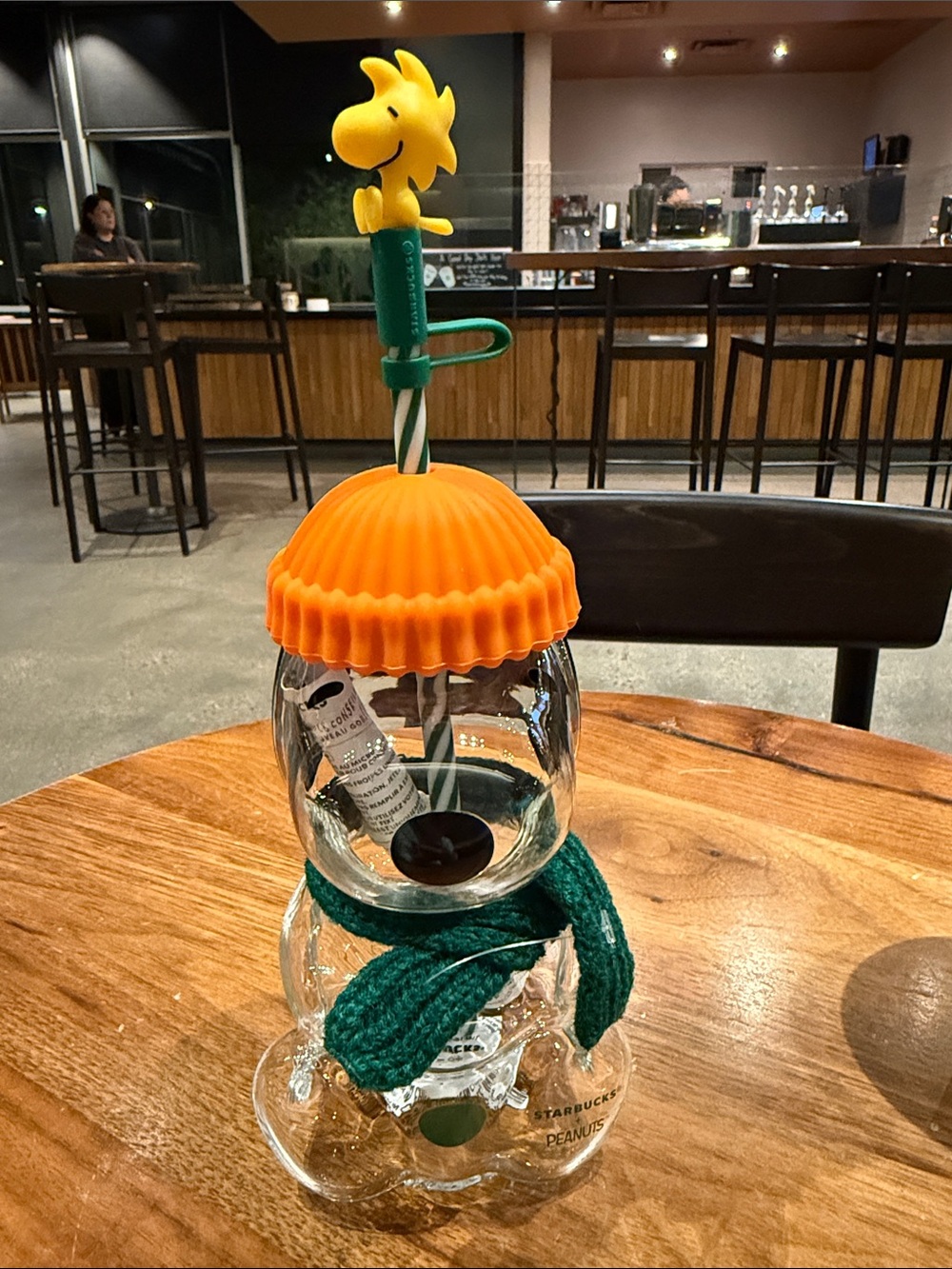 Starbucks Orange Lid Glass Tumbler with Green Scarf & Yellow Character Straw